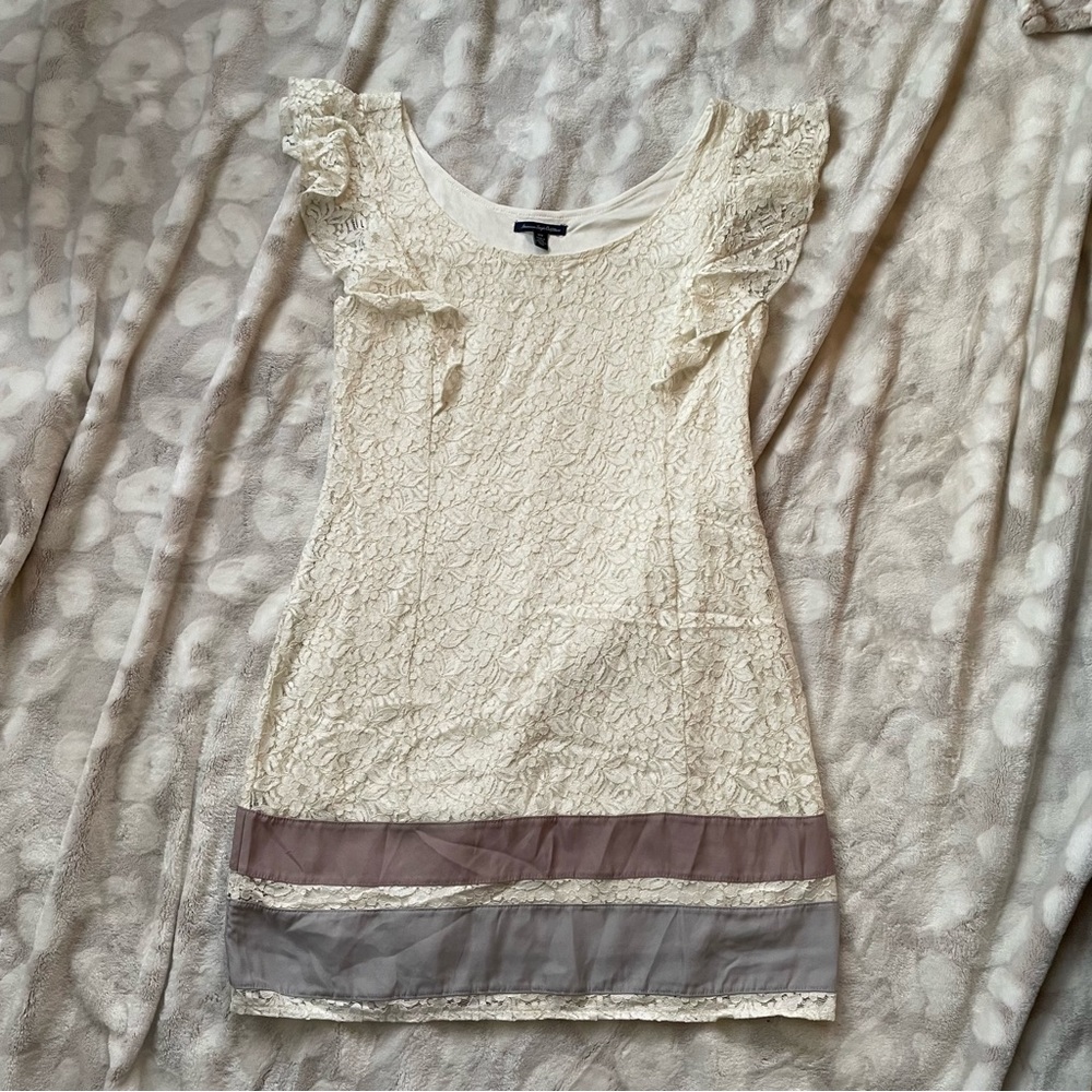 American Eagle Off White Ivory Lace Ruffle Sleeve Dress Accent Stripes Medium